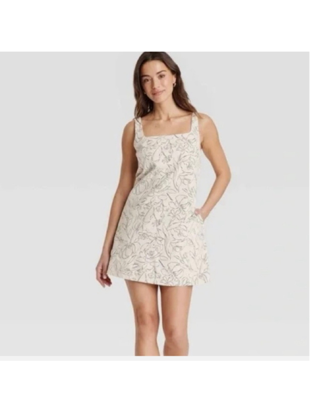 Women's A New Day Floral Mini Dress, Plus 4X, Beige and Black Linen Blend